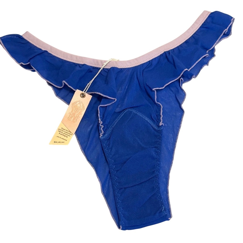 We Are HAH Fly Girl Mesh Panty True Blue Ruffle Thong Size XS Free People NWT
